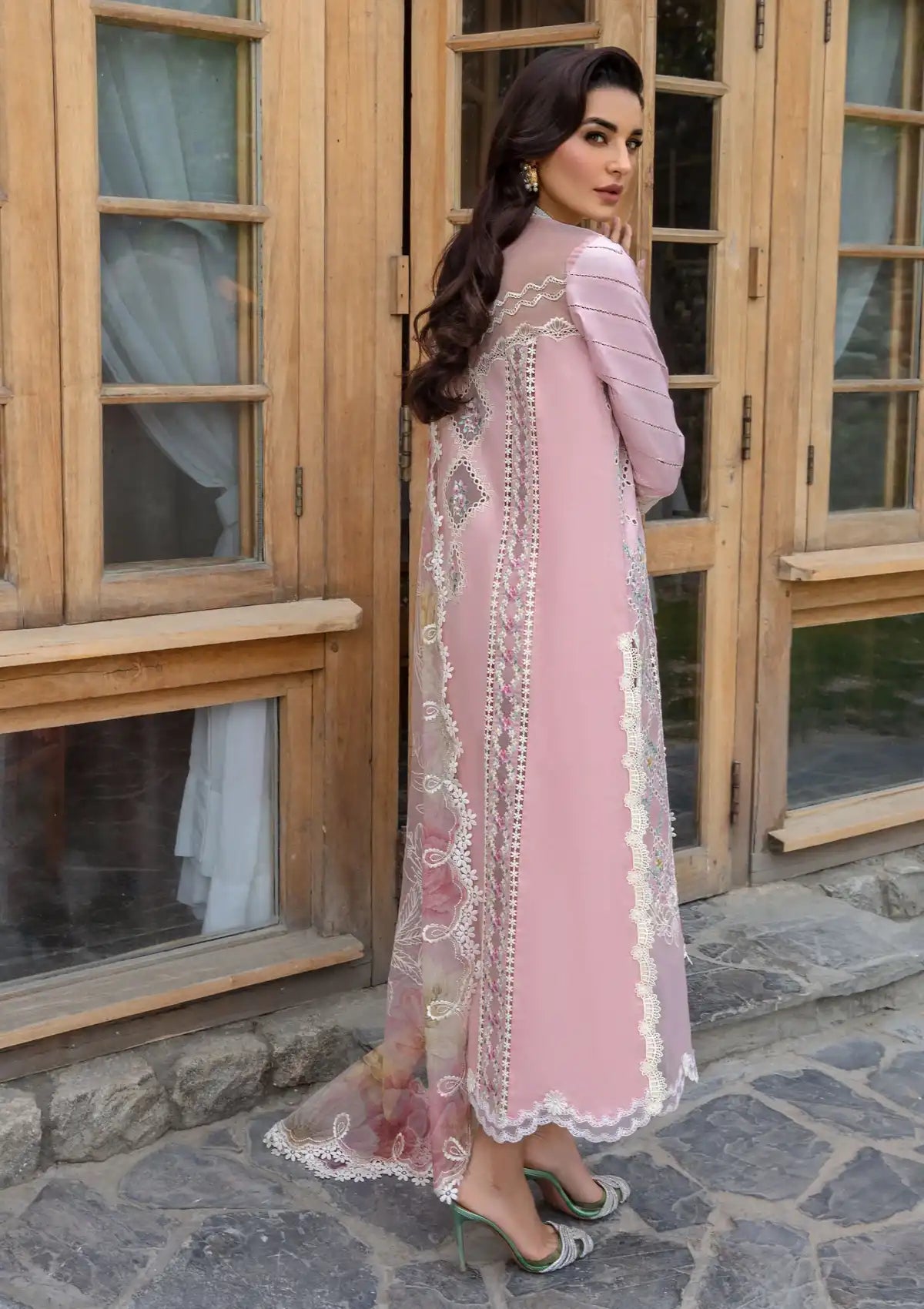 Crimson Luxury Lawn'24 D-07B-A Floral Mesh-Rose Pink