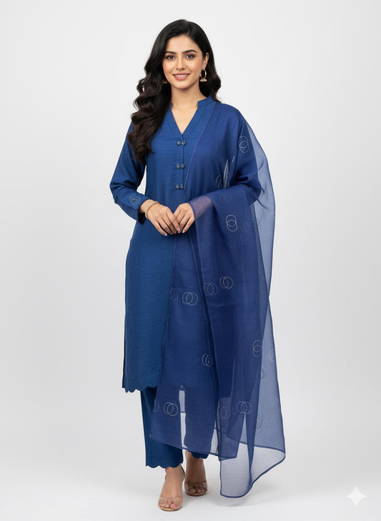 Raw Silk 2pcs  Stitched(Royal Blue)