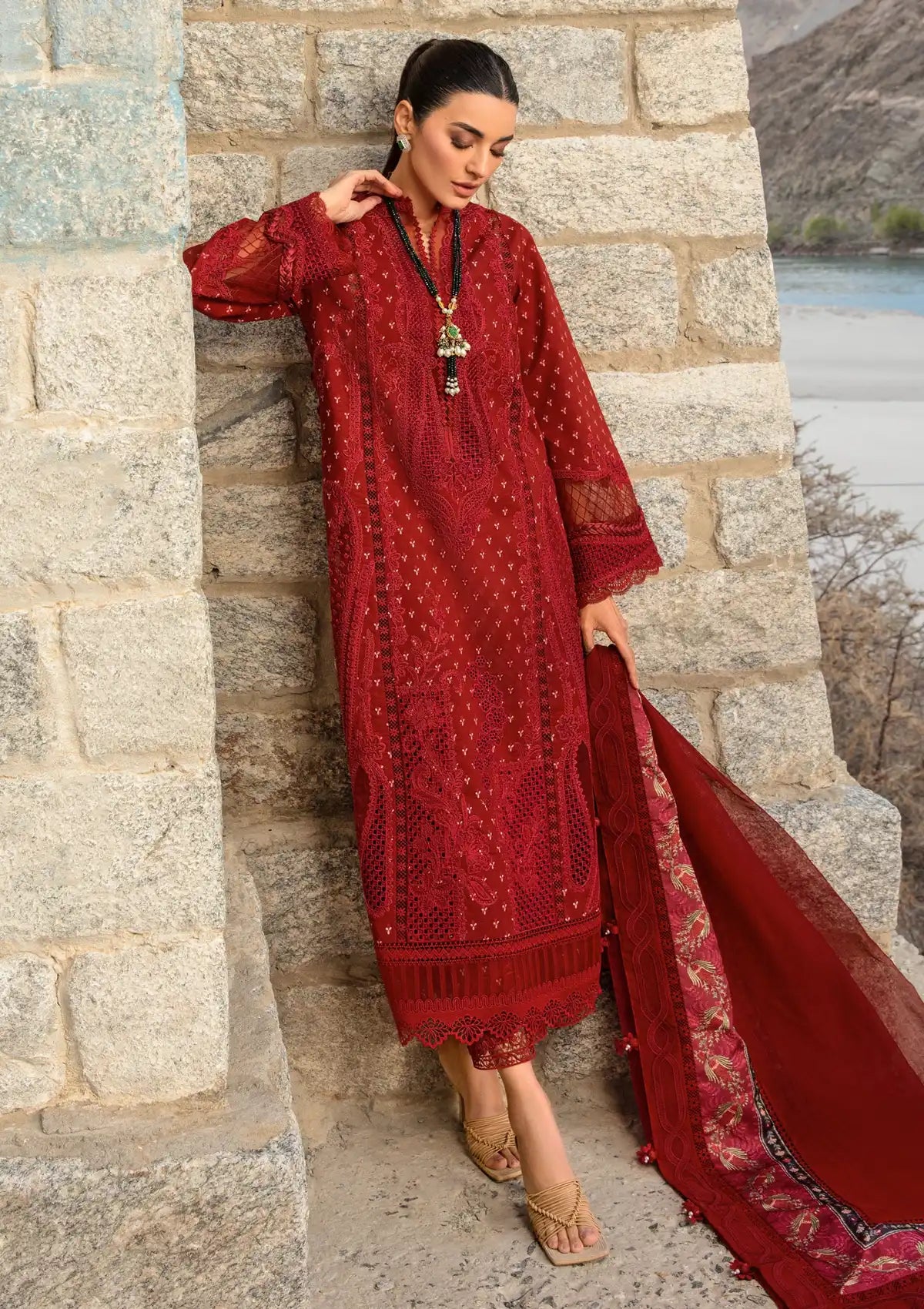 Crimson Luxury Lawn'24 D-01A-Dancing Paisleys-Ruby