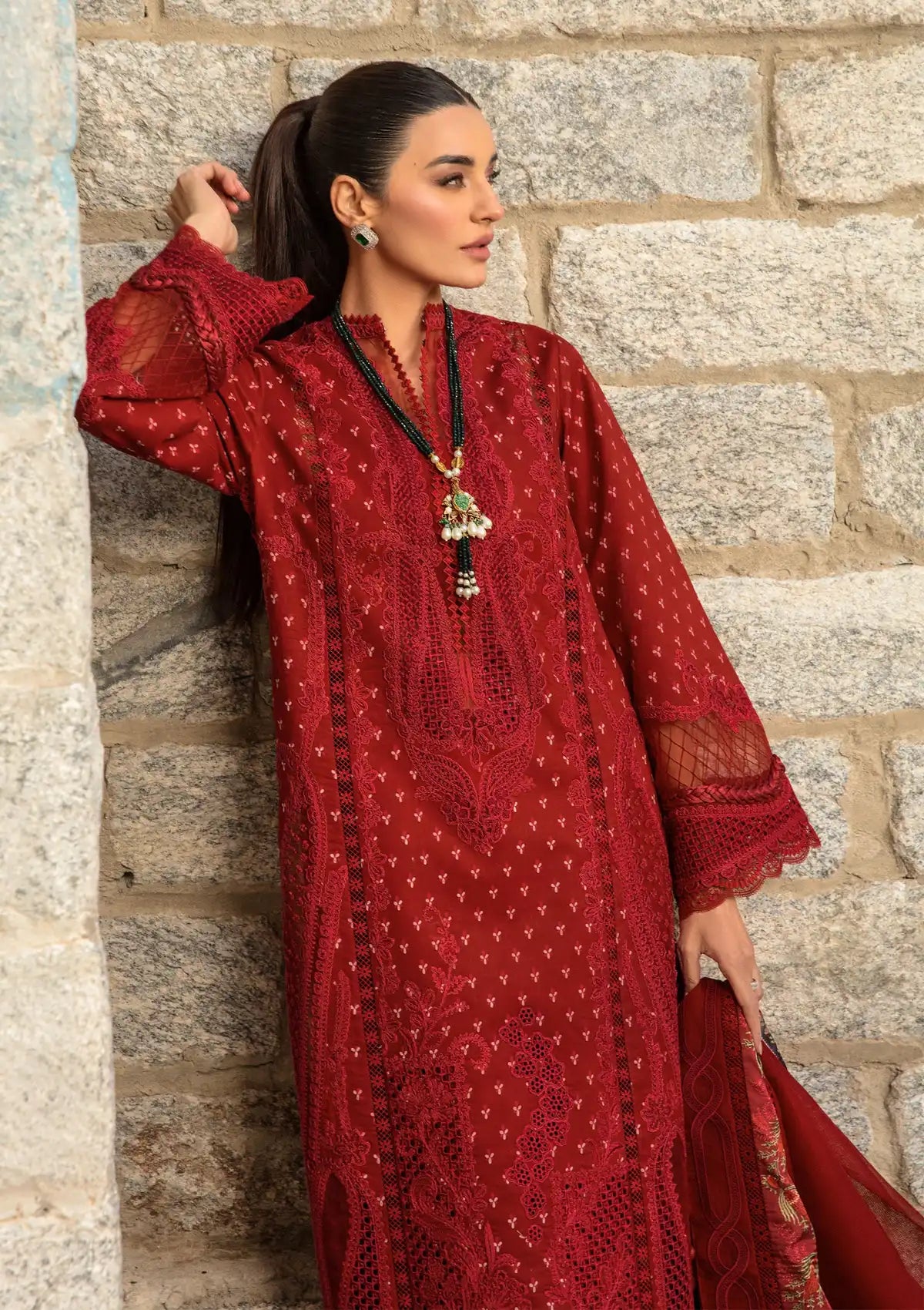 Crimson Luxury Lawn'24 D-01A-Dancing Paisleys-Ruby