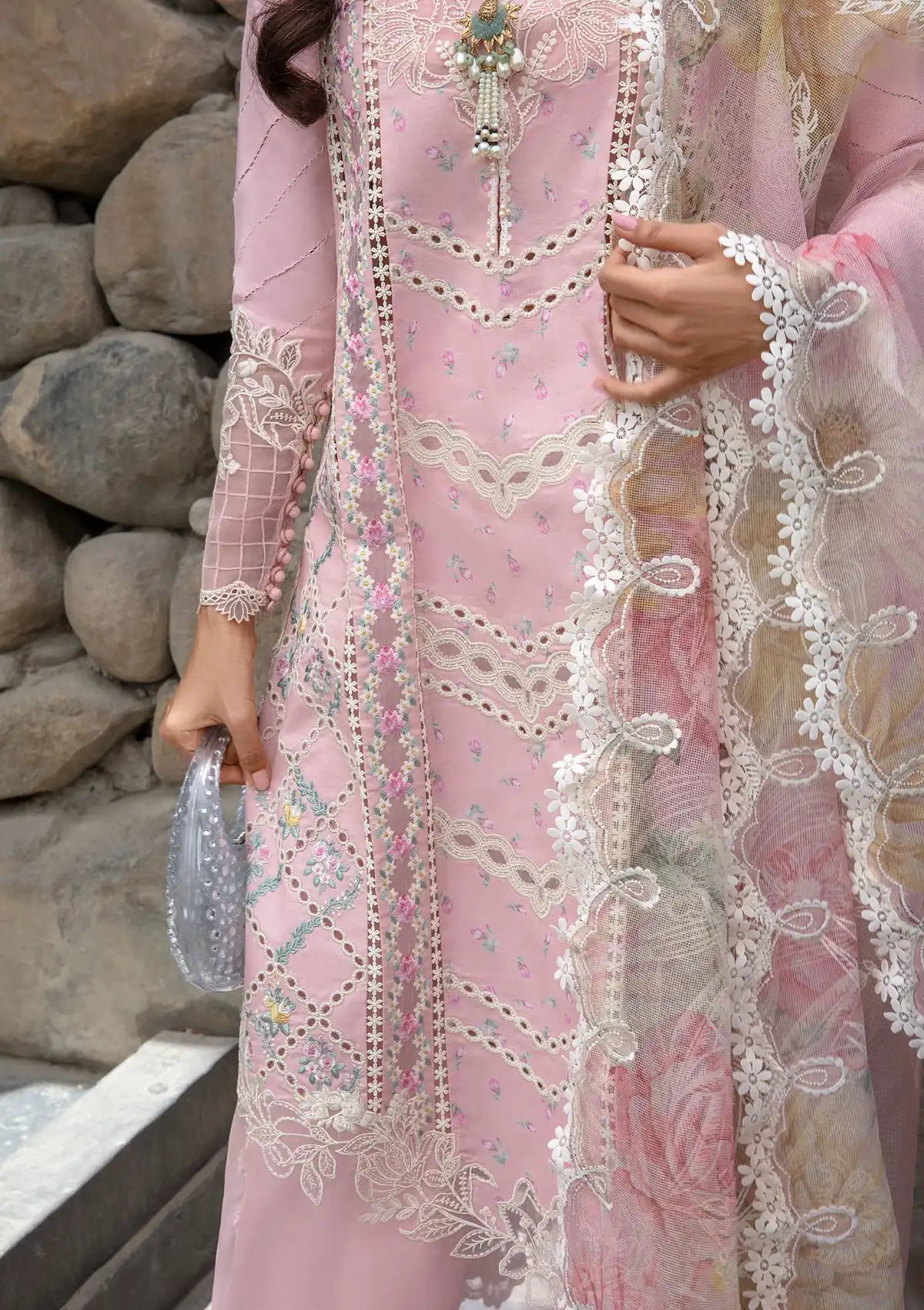 Crimson Luxury Lawn'24 D-07B-A Floral Mesh-Rose Pink