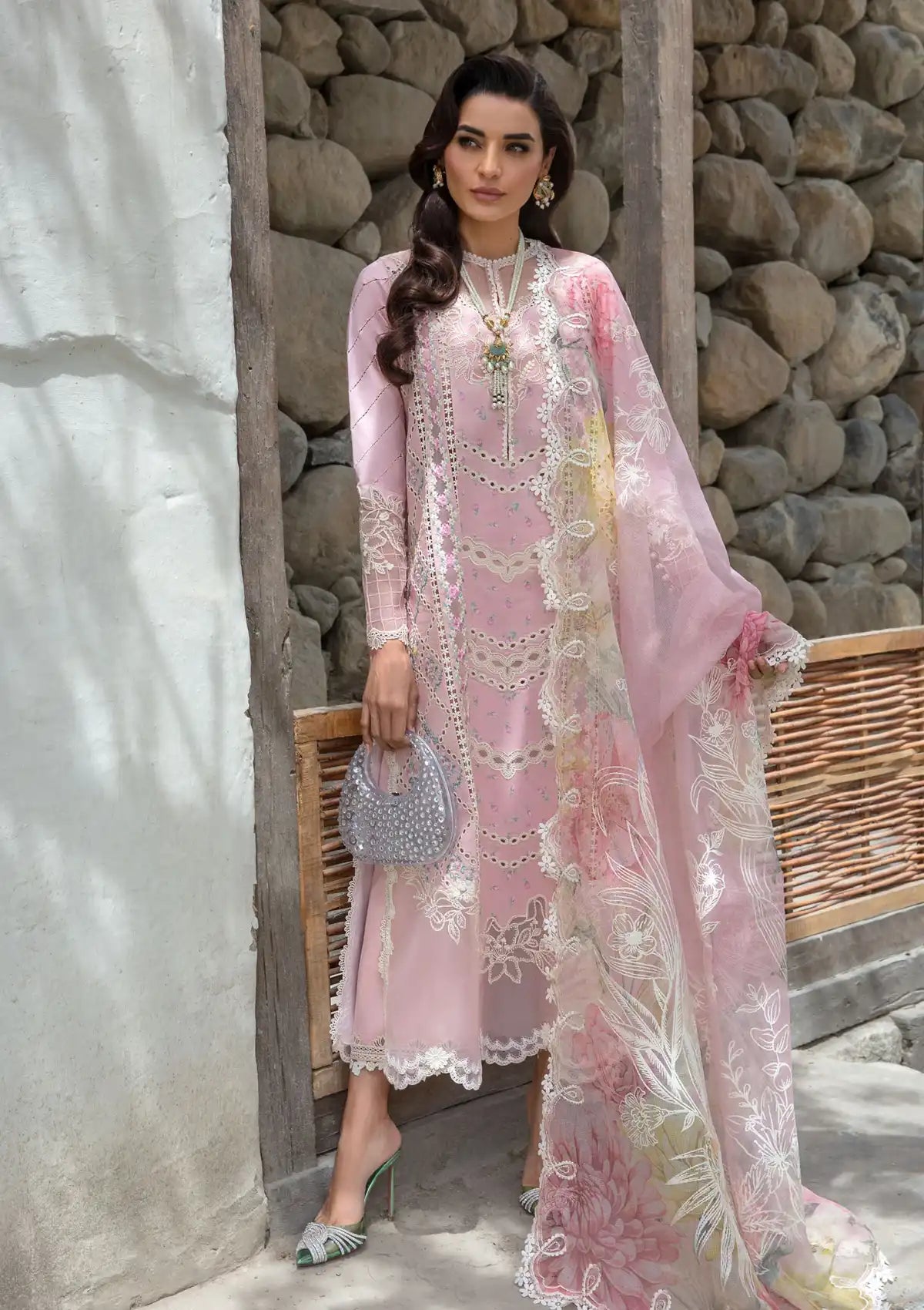 Crimson Luxury Lawn'24 D-07B-A Floral Mesh-Rose Pink