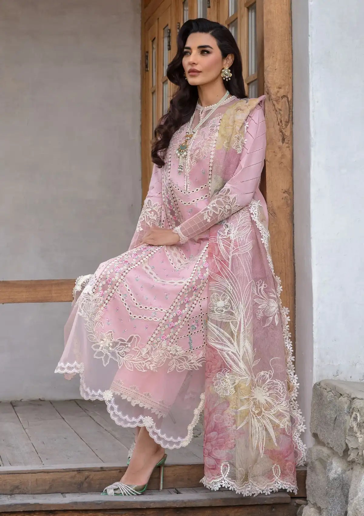 Crimson Luxury Lawn'24 D-07B-A Floral Mesh-Rose Pink