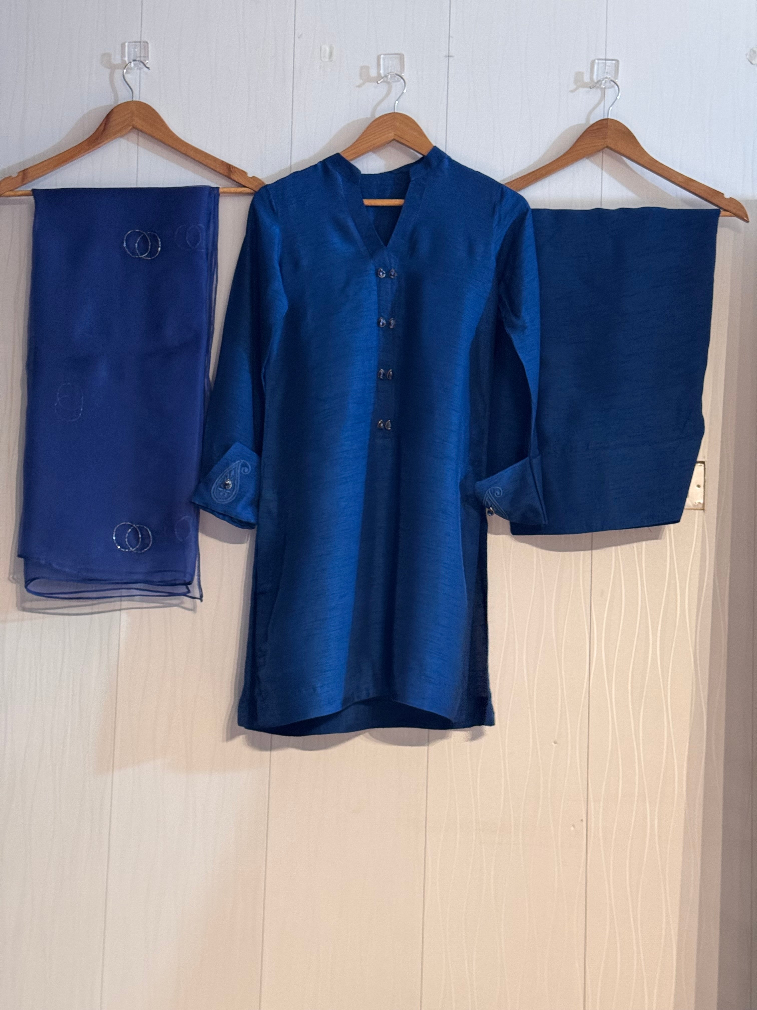 Raw Silk 2pcs  Stitched(Royal Blue)