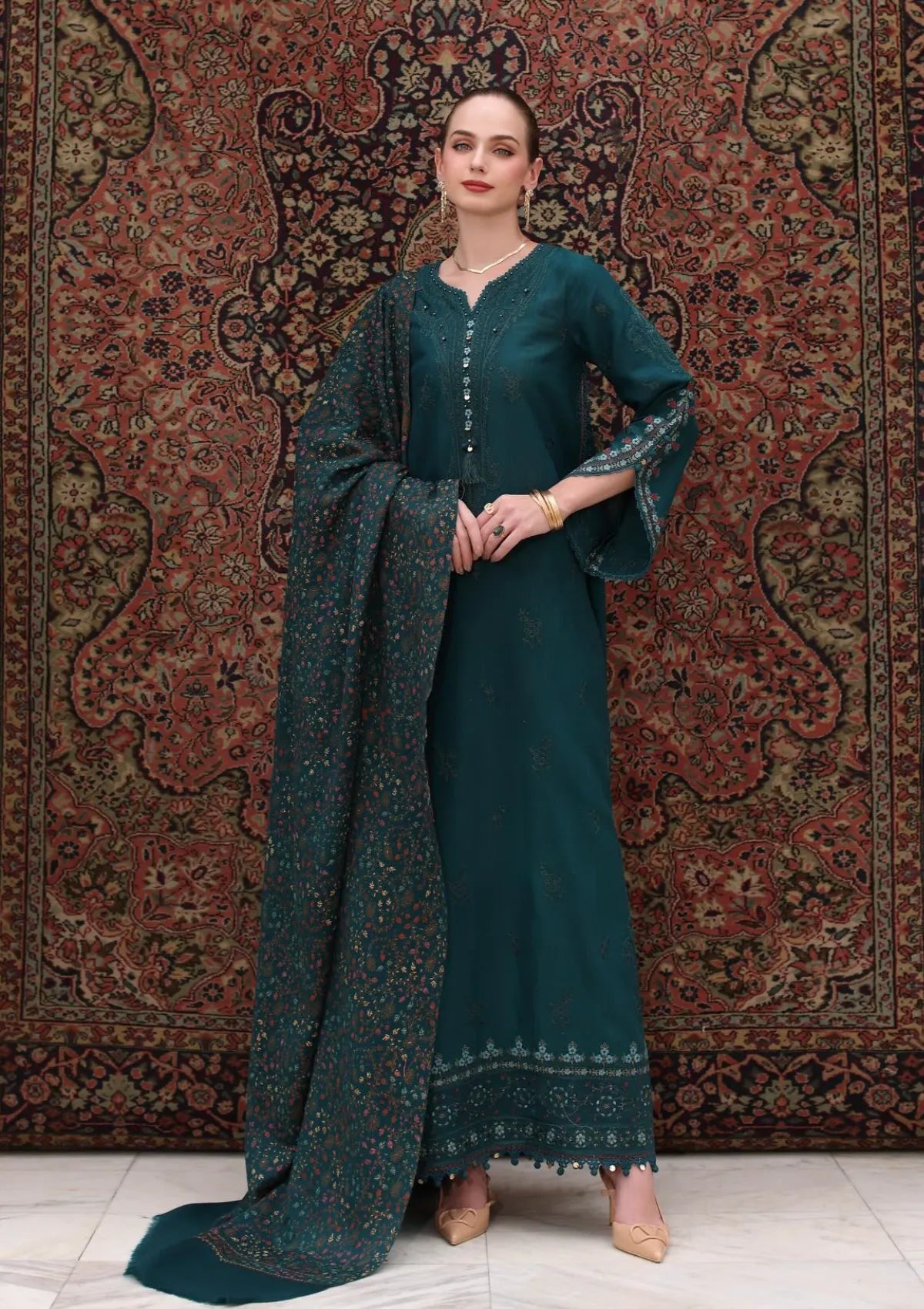 Noor By Saadia Asad Pashmina Shawl'25 D-11 Teal
