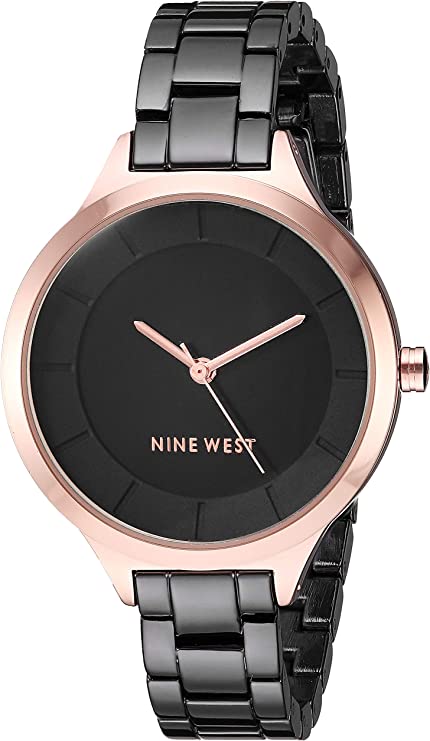 NINE WEST Women's Analogue Watch With Crystal Metallic Black Metal Strap